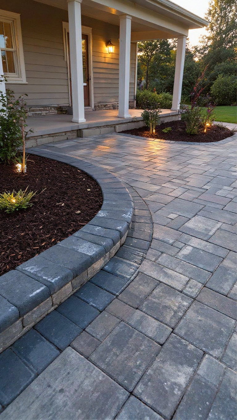 Illuminated paver walkway at dusk