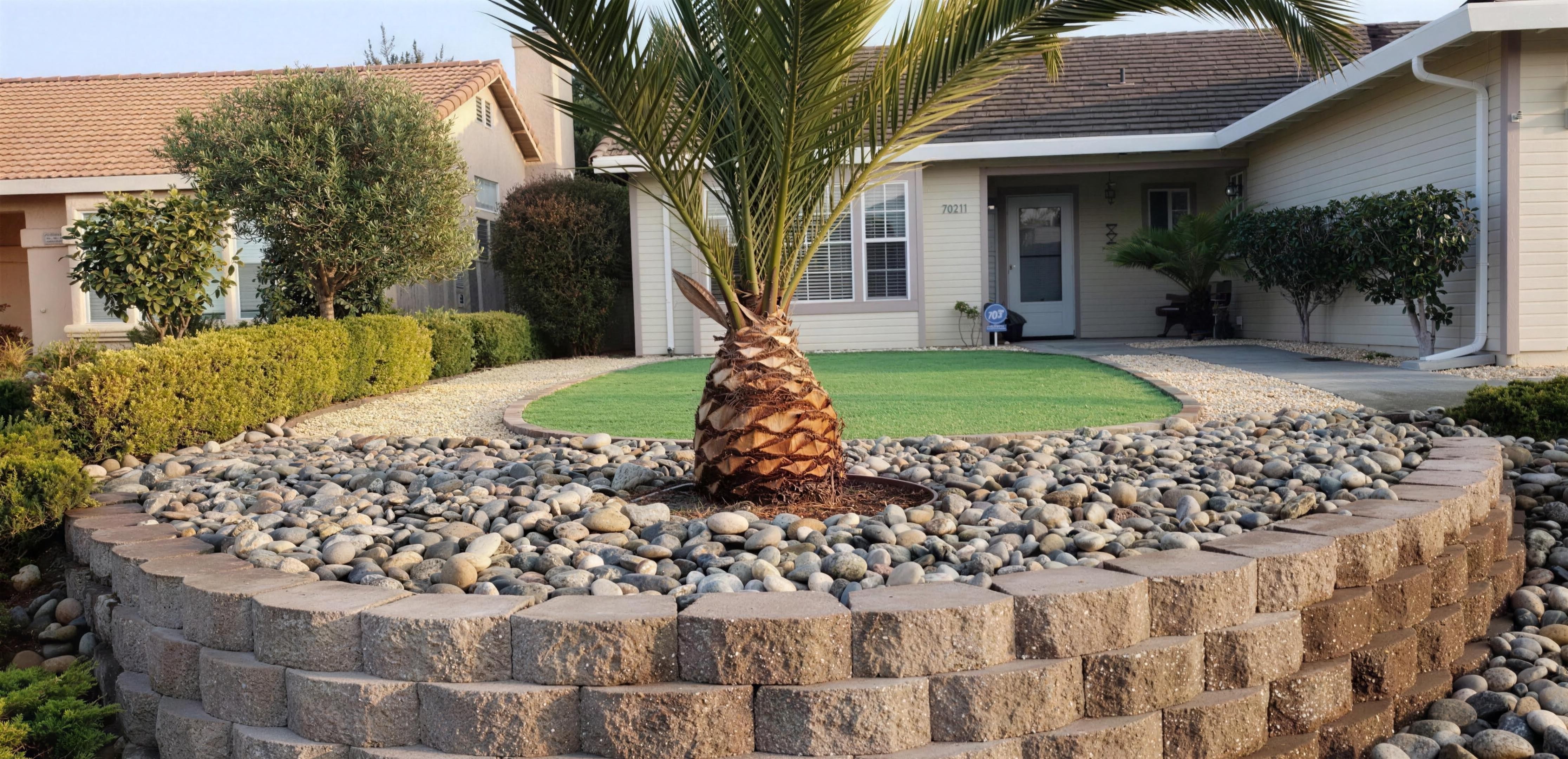 Finished Monterey front yard with palm, retaining wall, decorative rock, and turf